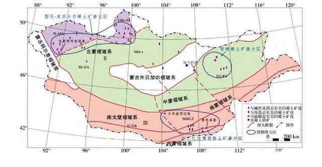 蒙古國(guó)稀土礦床（點(diǎn)）分布及成礦帶劃分圖