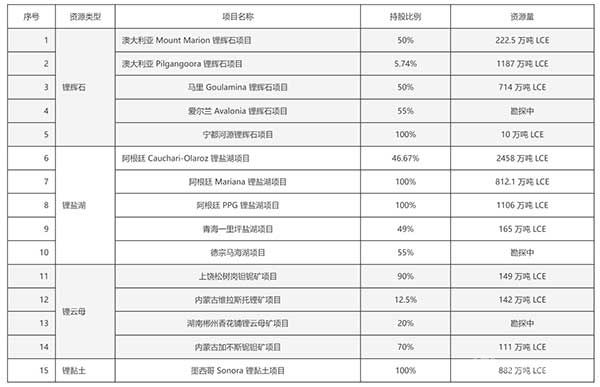 截至去年年底贛鋒鋰業(yè)在全球范圍內(nèi)直接或間接擁有權(quán)益的上游鋰資源情況